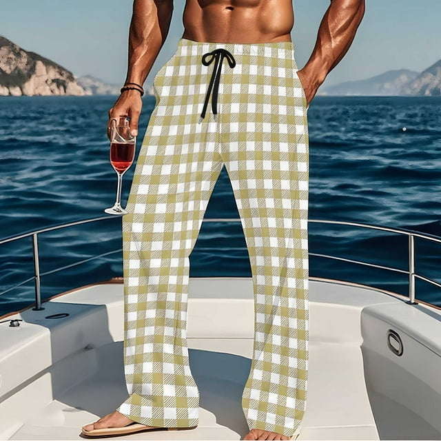 Pantalones de pijama largos para hombre, informales, con estampado a cuadros, holgados, deportivos, elásticos, rectos, vintage, con bolsillos