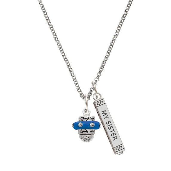 Delight Jewelry Silvertone Crystal Royal Blue Spinner Silvertone Always My Sister Bar Charm Necklace, 23"