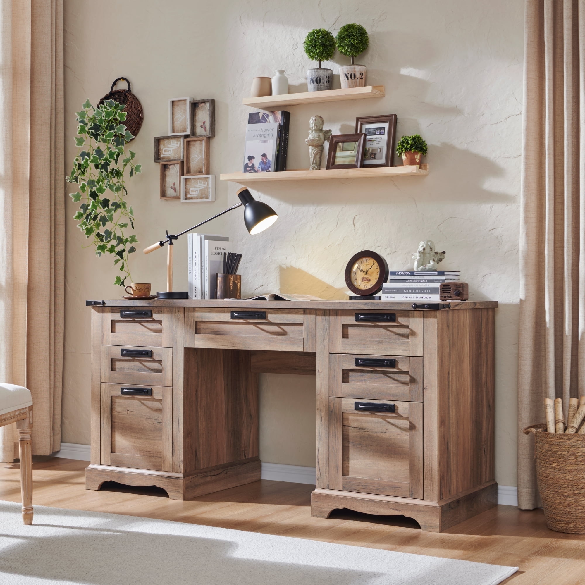 OKD Farmhouse Executive Desk, Rustic Office Desk with Charging Station and Keyboard Tray,Home Workstations with File Drawer, Storage Cabinet,Wood Computer Writing Desk, Natural Oak