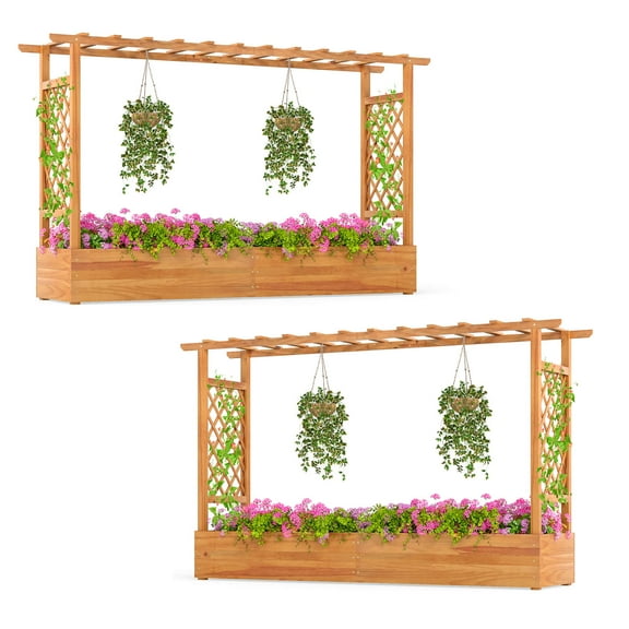 Costway 2 PCS 45” Raised Garden Bed with Trellis with Hanging Roof, 2 Side Trellises