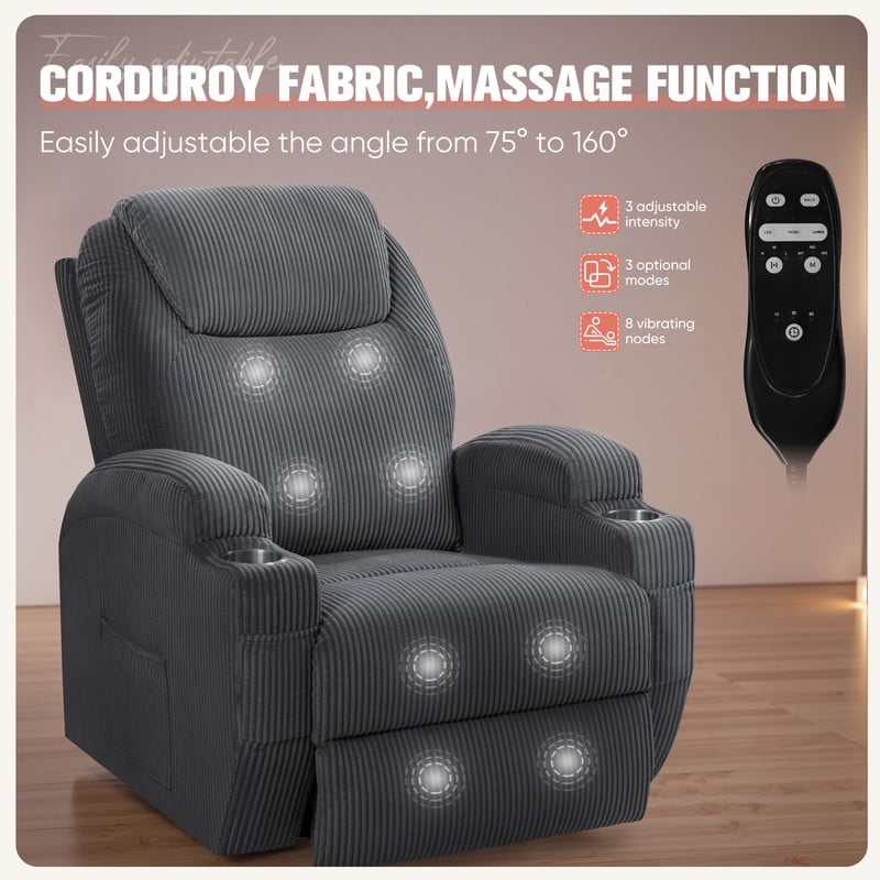 Homall Power Lift Massage Recliner Chair with Eight Vibrating Massages Ergonomic Chair with Side Pocket and Soft Corduroy for Living Room,Grey
