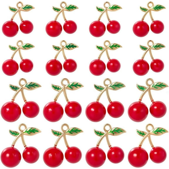 1 Box 32Pcs 2 Sizes Small Cherry Charm Cherries Charms Bulk Alloy Vintage Red Resin Gold 3D Dangle Cute Fruit Pendants for Jewelry Making Supplies DIY Craft Necklace Bracelet Earring Women