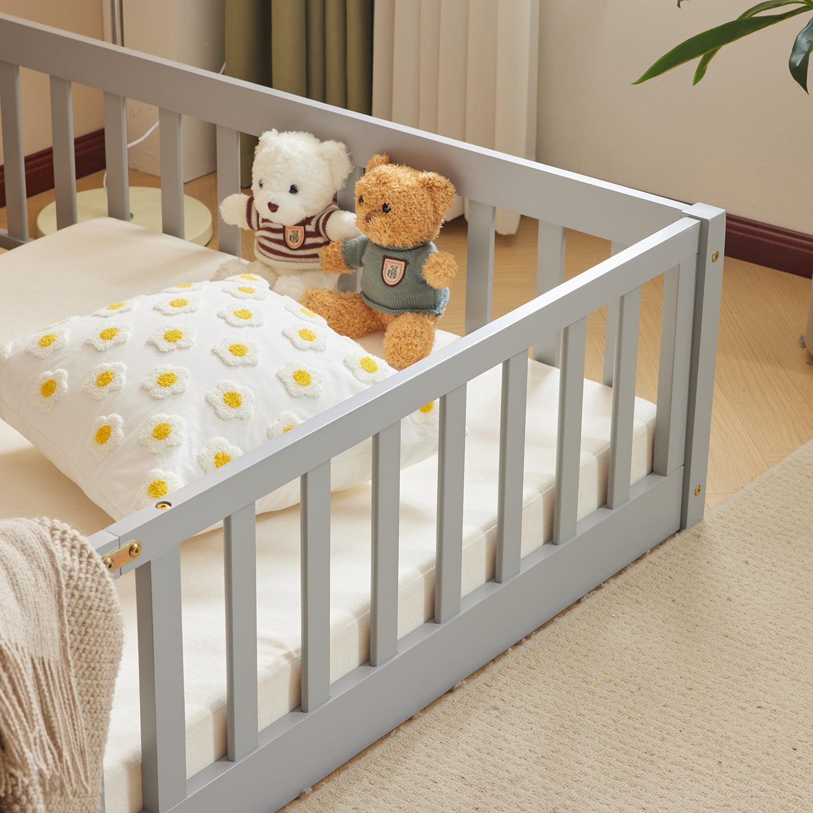 Ktaxon Montessori Full Floor Bed with Safety Guardrails, Wood Bed Frame, Gray