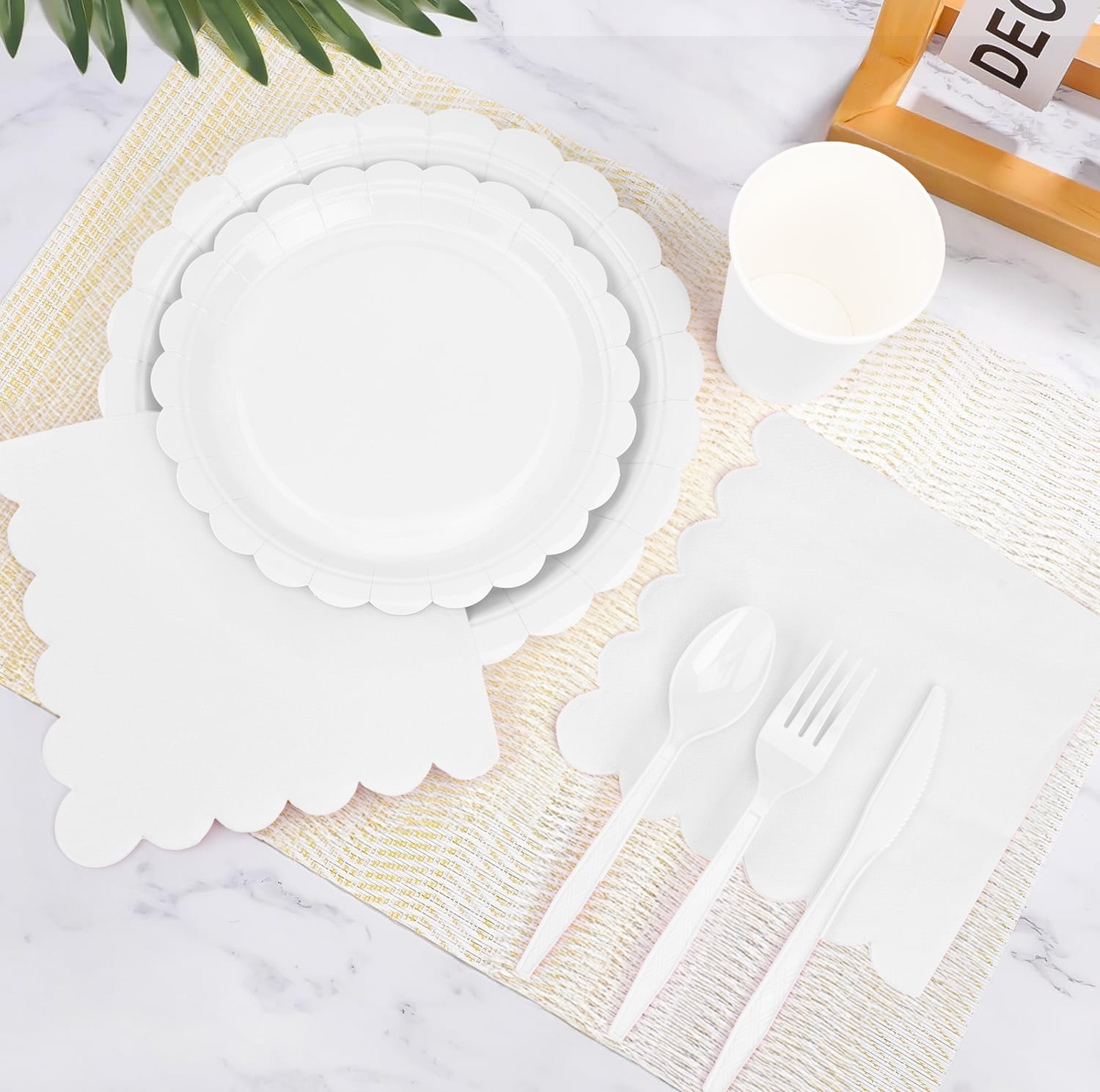 Inadays 175Pcs Disposable Party Supplies Includes Cream White Paper Plates Cup Napkins Forks Spoons Knives, Dinnerware Set for Garden Party Birthday BBQ Baby Shower Wedding, Serve 25 Guests