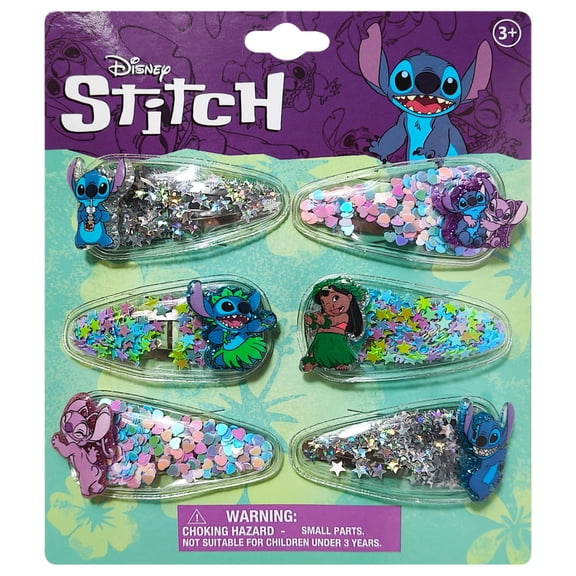 LUV HER Licensed Hair Accessories For Girls, 6pc Cute Hair Clips with Favorite Lilo & Stitch Character Charms, Magical Confetti Hair Clips, Ages 3