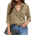 thumbnail image 2 of Womens Cotton Linen Button Down Shirts Loose Fit Long Sleeve Collared Blouse Casual V Neck Tops Outfits S-3XL Brown S, 2 of 6
