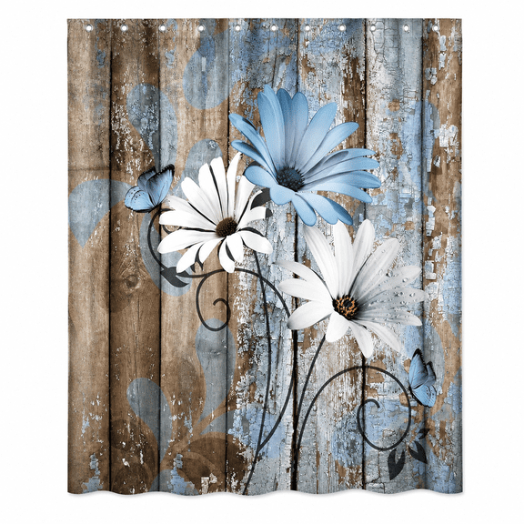 Farmhouse Flower Floral Shower Curtain, Rustic Blue Daisy Shower Curtain Set, Country Blue Wild Garden Plant Fabric Shower Curtain with Hooks, Brown Wooden Board Bathroom Curtain, 72x72inch