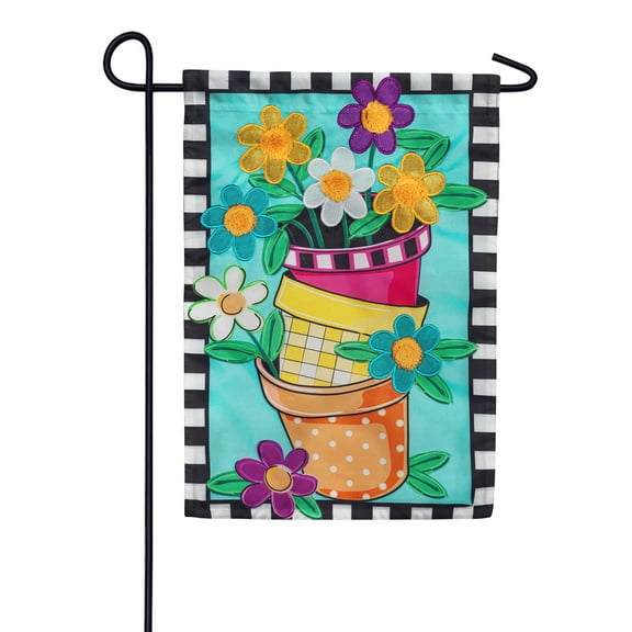 Evergreen Stacked Spring Flower Pots Garden Applique Flag 12.5 x 18 Inches Indoor Outdoor Decor