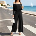 thumbnail image 5 of MexChoioe Womens Off Shoulder Jumpsuits Long Sleeve Contrast Trim Wide Leg Pocket Casual Vacation Rompers, 5 of 7