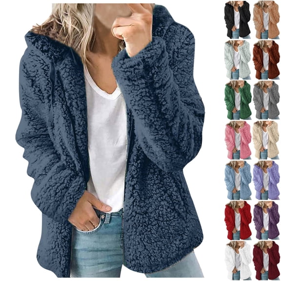 Dezsed Womens Winter Sherpa Fleece Jacket Fashion Women Casual Solid Hooded Plush Warm Jackets Zipper Cardigan Tops Coat Blue M