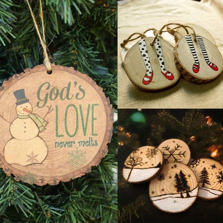 Wood Christmas Ornaments, Natural Holiday Coasters