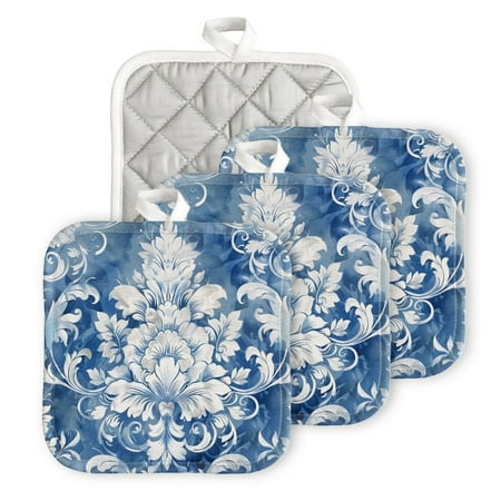 

Bahomeck Pot Holder 4Pcs Watercolor Damask Pattern In Blue And White Colors Square Heat Resistant Hot Pads For Kitchen Cooking Oven With Hanging Loop Potholder Easy To Store