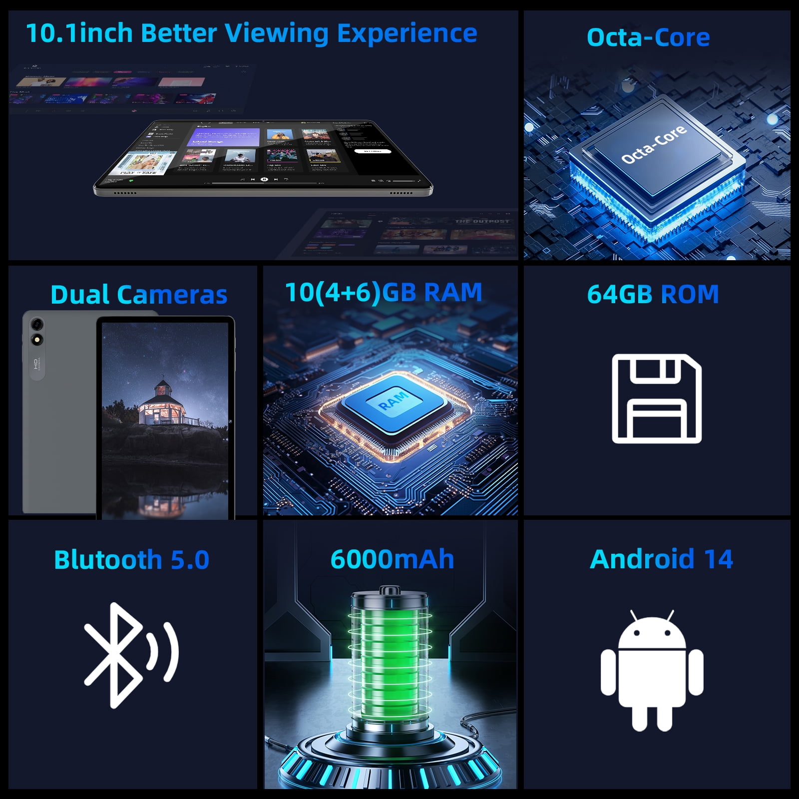 10 inch Android 15 Tablet, Octa Core Processor, 10GB+64GB+512GB Expansion, 1280x800 Display Touchscreen, Wi-Fi6, Dual Camera, 6000mAh Battery Tablet PC,Support Widevine L1 Google Kids Space