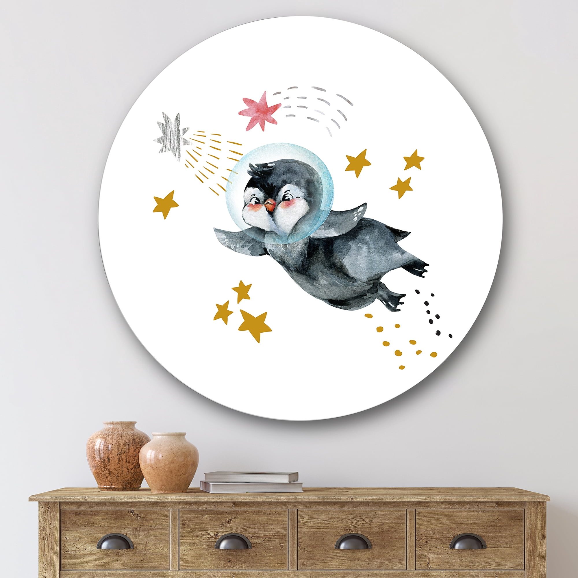Designart 'Little Penguin Flying Planets and Stars I' Farmhouse Circle Metal Wall Art 36x36 - Disc of 36