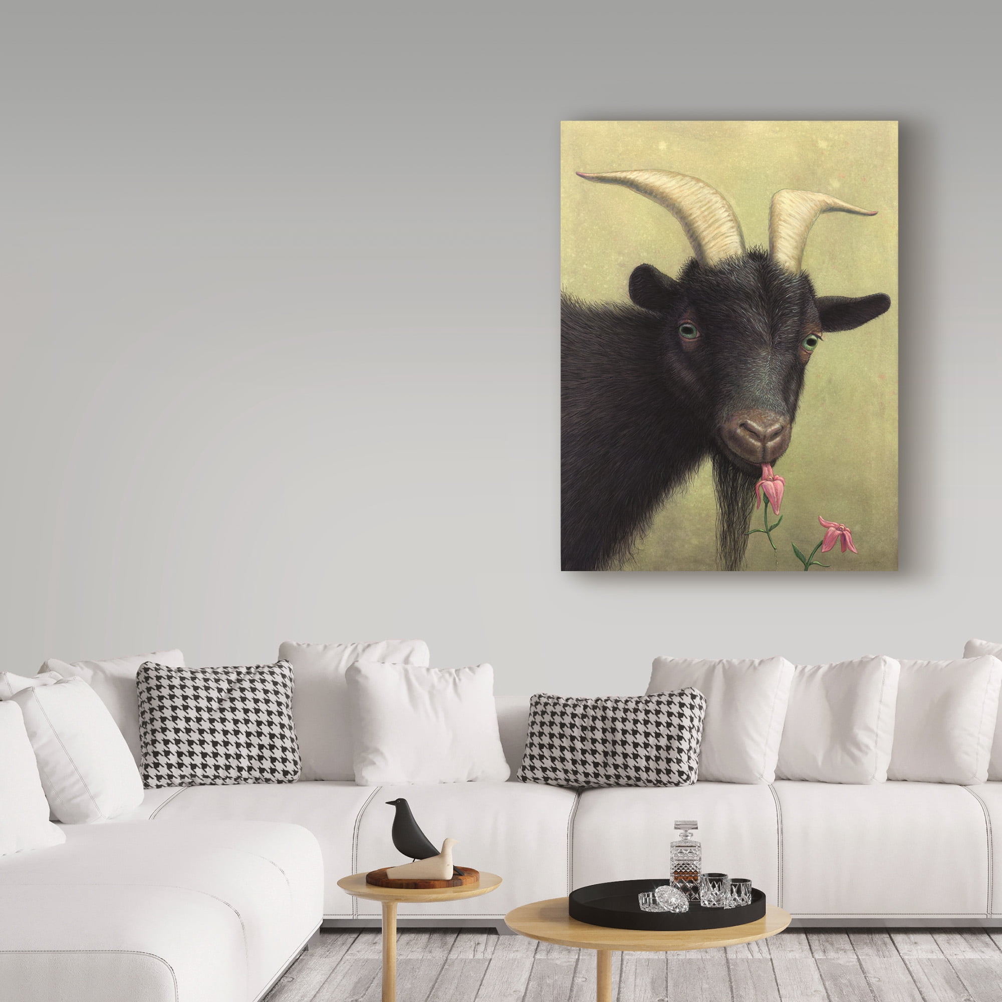 Trademark Fine Art 'Black Goat Enjoying a Pink Flower' Canvas Art by James W. Johnson