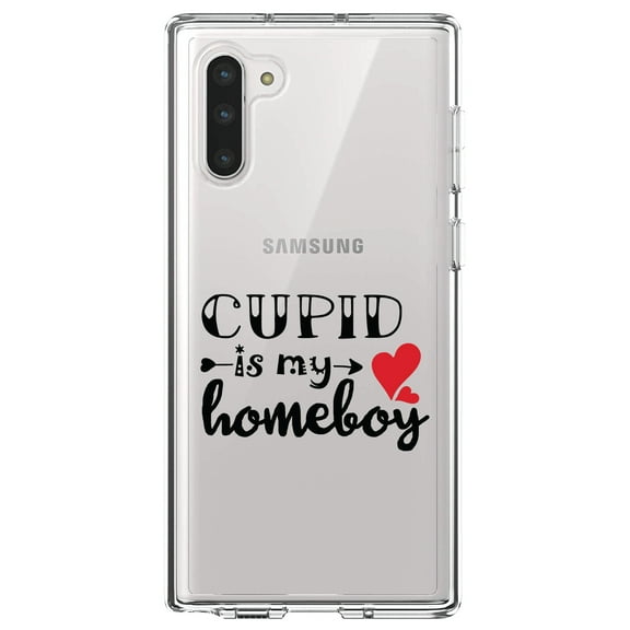 DistinctInk Clear Shockproof Hybrid Case for Samsung Galaxy Note 10 (6.3" Screen) - TPU Bumper Acrylic Back Tempered Glass Screen Protector - Cupid is My Homeboy - Heart - Valentine