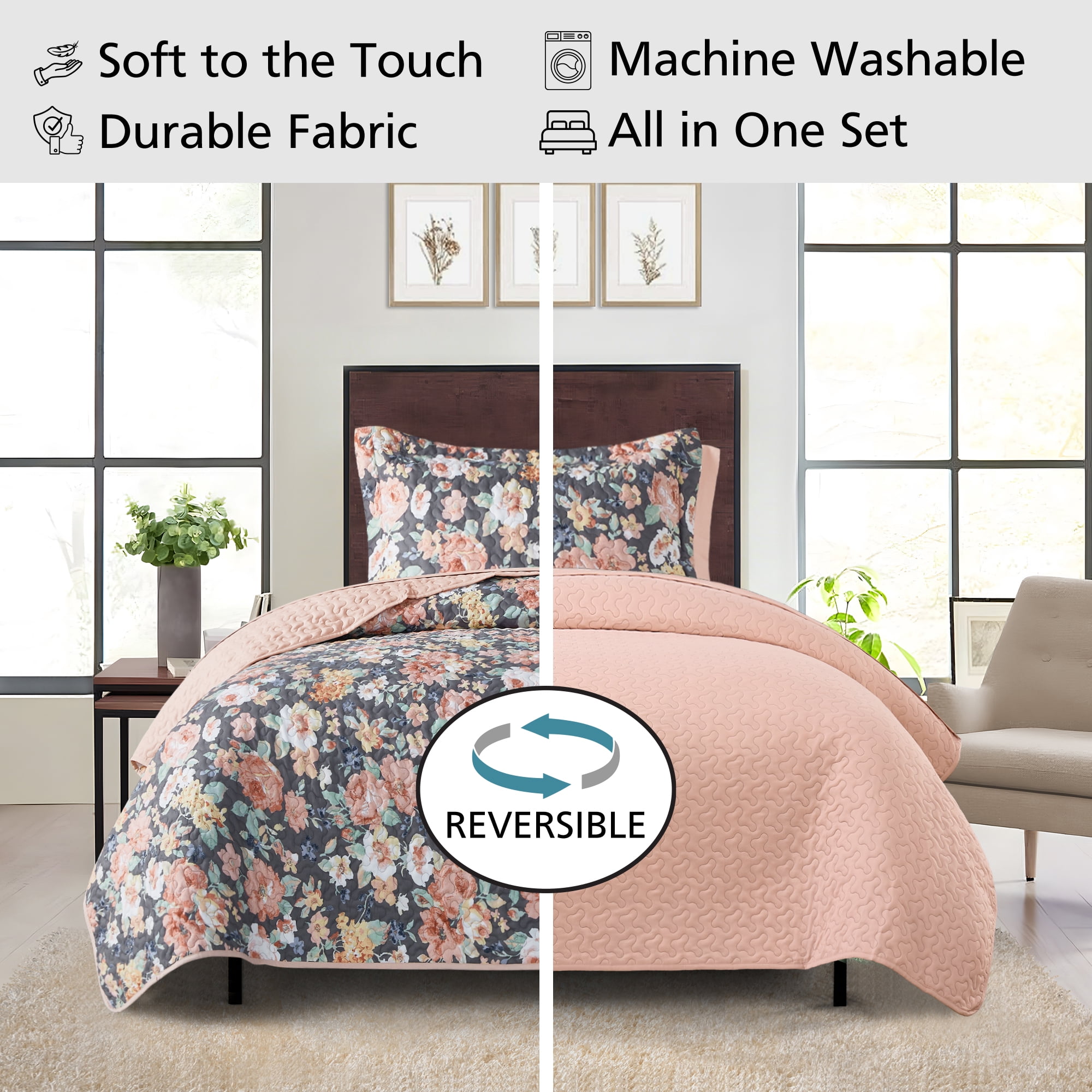 Mainstays All in One Lightweight Quilt Set and Sheet Set -7 Piece, Queen, Grey Floral