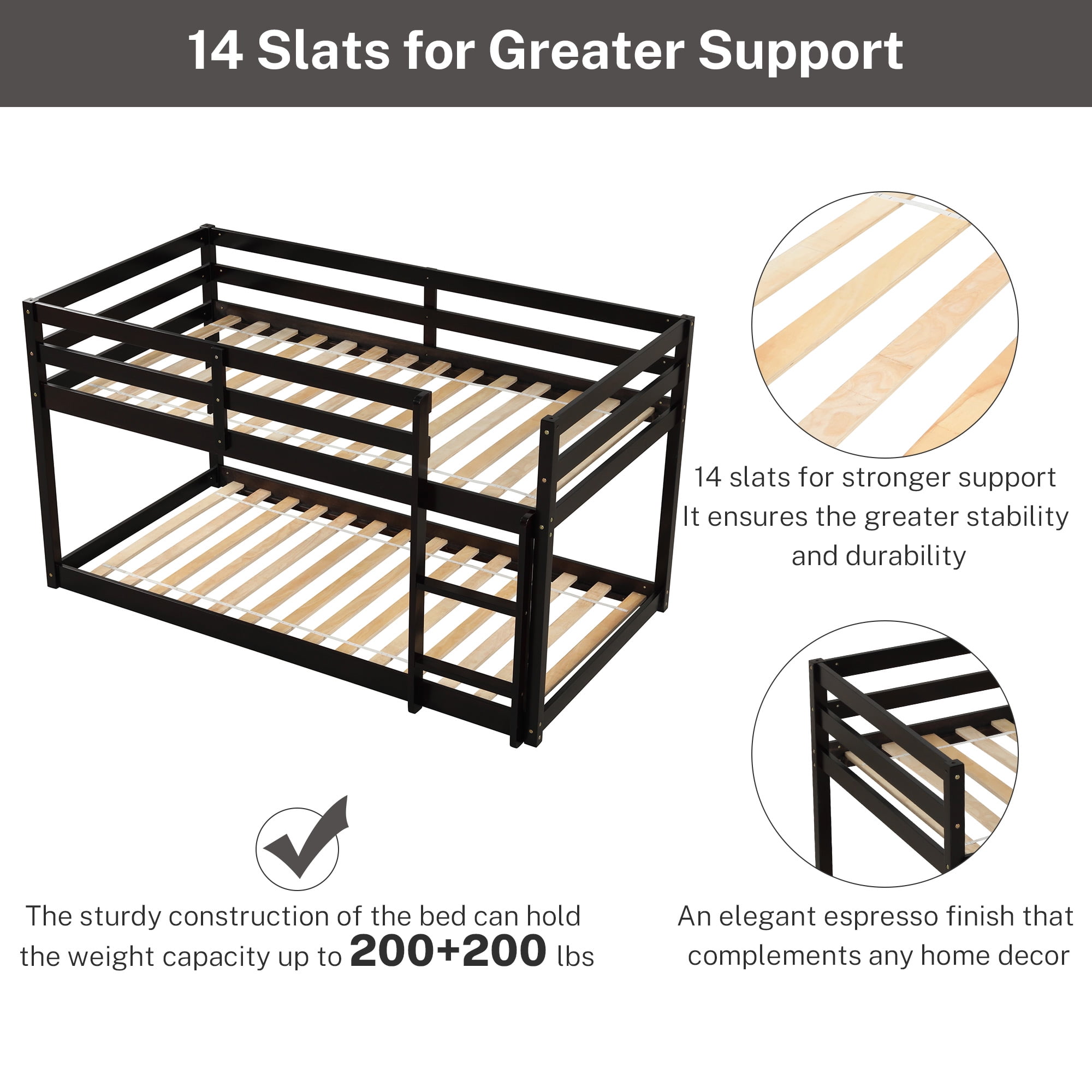 PORKISS Bunk Beds for Kids, Twin over Twin Floor Bunk Bed with Safety Rail and Ladder, Solid Wood Low Bunk Bed Frame for Boys Girls, No Box Spring Needed, Espresso