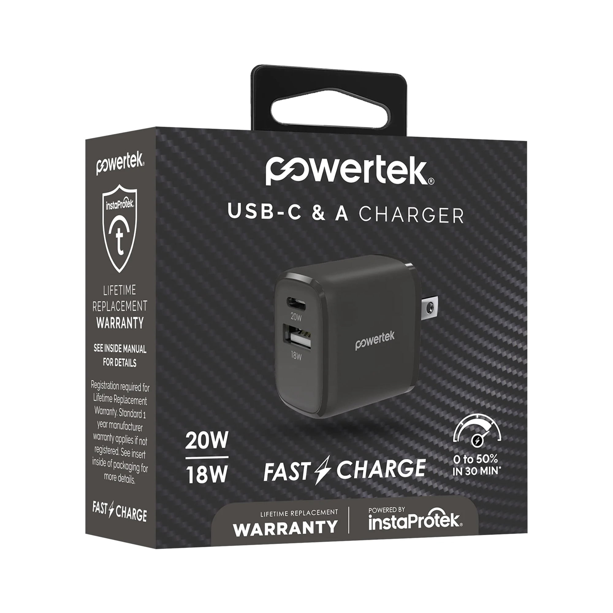 Powertek 20W USB-C PD + USB-A Dual Port Wall Charger, Carbon Design, Grey