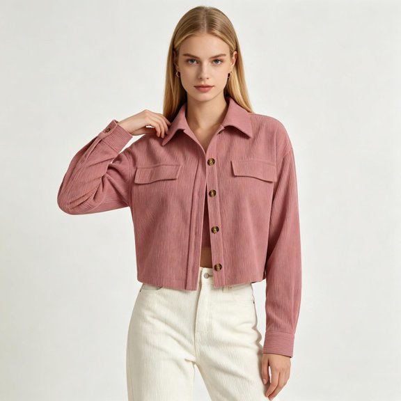 CBASIHI Womens Cropped Corduroy Jackets- Casual Vintage Loose Fit Classic Collar Long Sleeve Lightweight Button Down Shackets Pink Size S-2XL