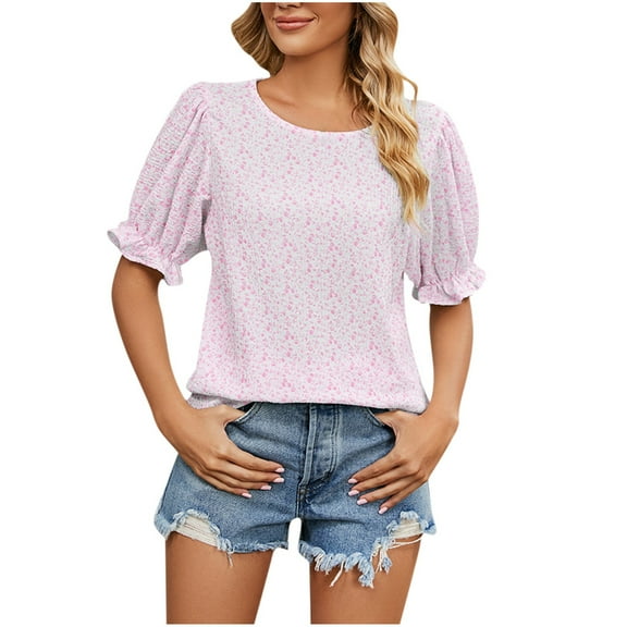 IROINNID Women Round- Neck Floral Print Pleated Short Sleeve Comfy Blouse