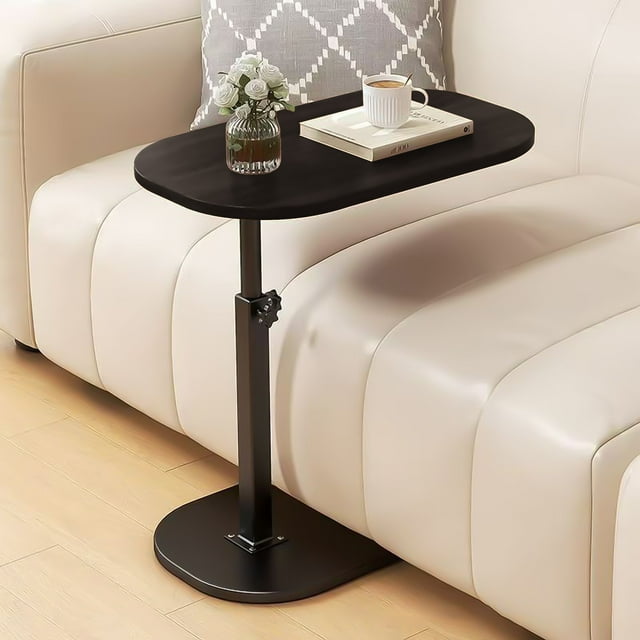 ZYNERY 30x45x45-80cm Wood CShaped Side Table, 360° Swivel Height Adjustable, Small Coffee Snack Table for Sofa/Bed(Black)