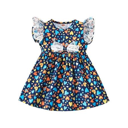 

CLZOUD Little Girls Dresses Blue Cotton Blends Toddler Kids Girls Fly Sleeves Lace Bowknot Love Prints Princess Dress 80