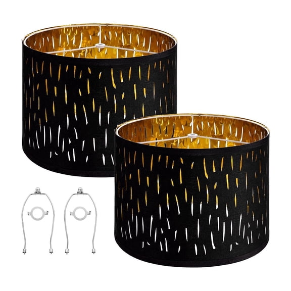 Drum Lamp Shade 2 Set 13x13x10in, Round Lampshades for Table & Floor Lamps, Medium Black & Gold Fabric Shade w/Harp, E27 Fixture