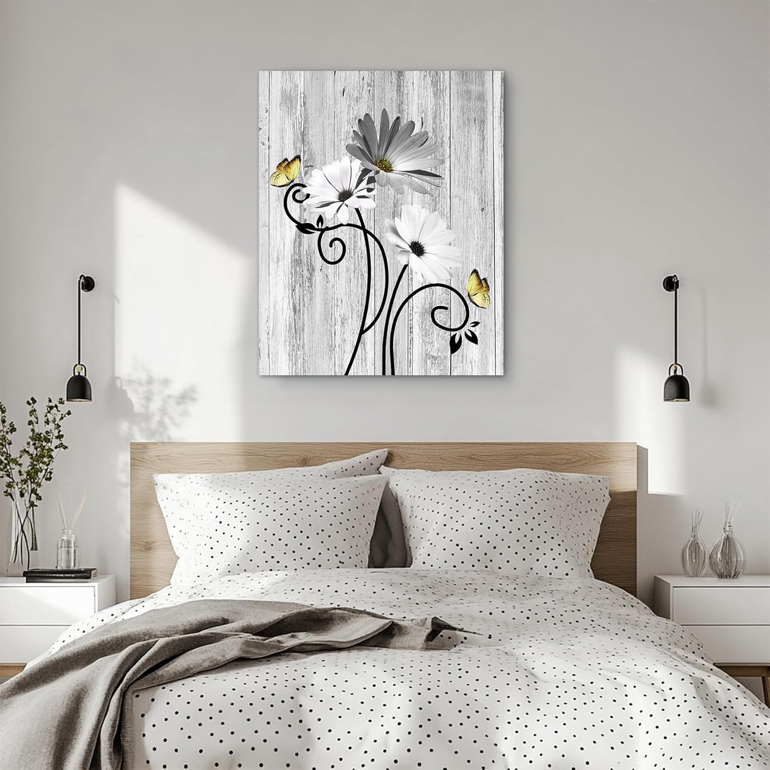 Floral Canvas Wall Art - Daisy & Butterfly Botanical Wall Decor, Rustic Farmhouse Pictures for Living Room, Bedroom, Bathroom & Home Office