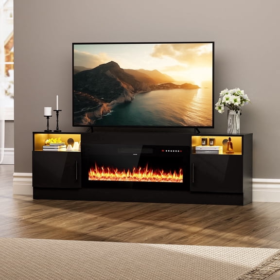 HARIPUL 70” TV Stand with 36" Electric Fireplace for TVs Up to 80 inch, LED Light Entertainment Center with High Gloss Door, Modern Media Console Cabinet for Living Room