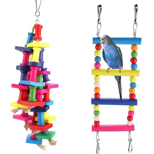 Tebru Bird Swing Toys,2 Pcs Bird Hanging Wooden Block Activity Climbing