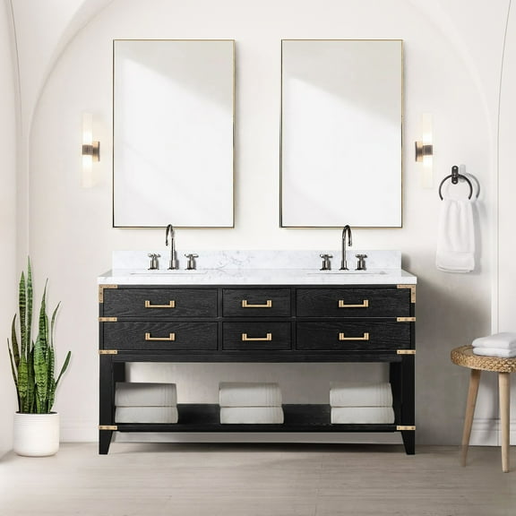 Black Oak Double Bath Vanity 60x22 With Marble Top And Mirrors Included - Soft Close, 4 Drawers & Open Shelf For Optimal Storage 60 In W X 22 D 28" 4 Cabinet