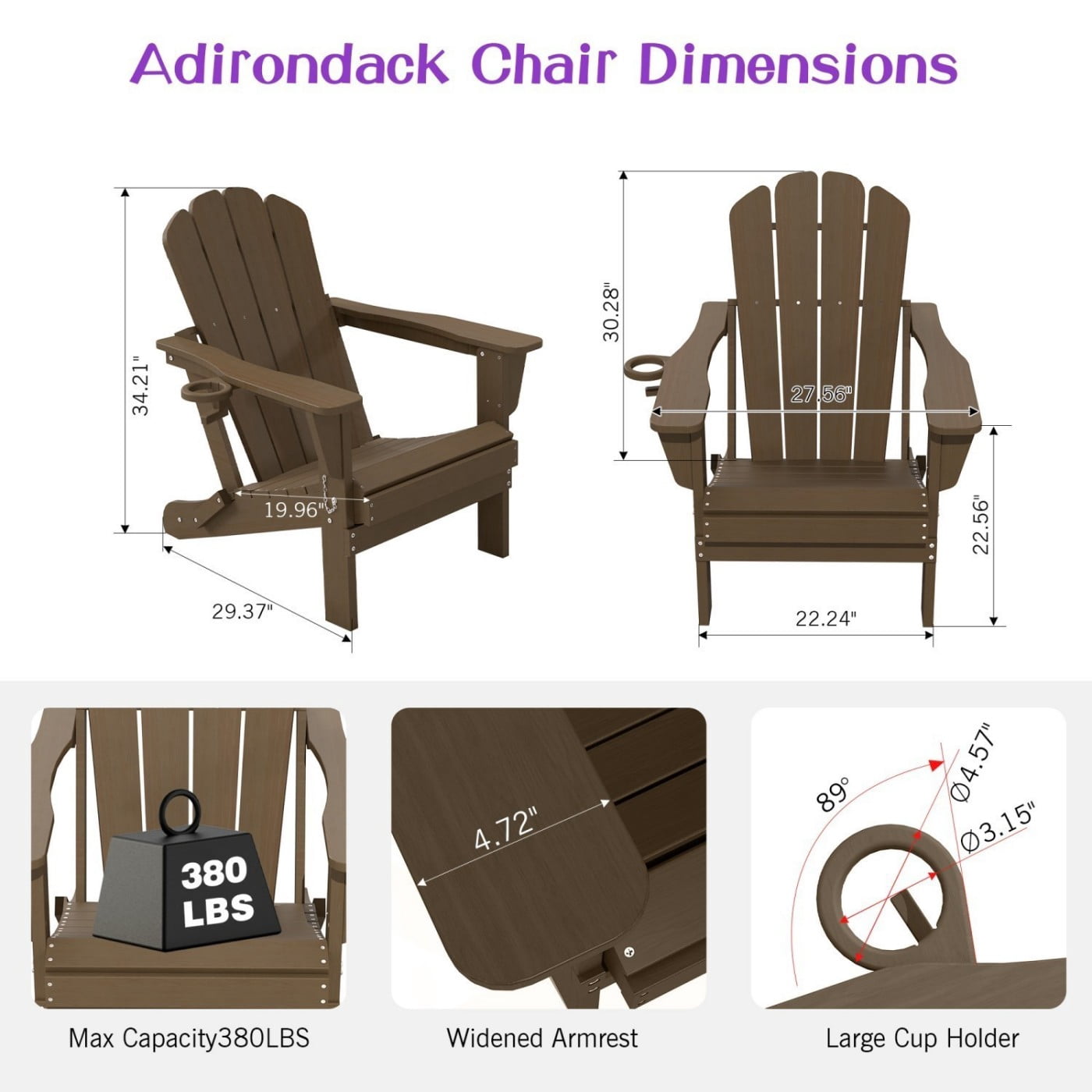 Folding Adirondack Chair, HDPE Outdoor Chair with Cup Holder, Weather Resistant Patio Chair with Wood Grain Finish for Lawn, Deck, Fire Pit, Brown