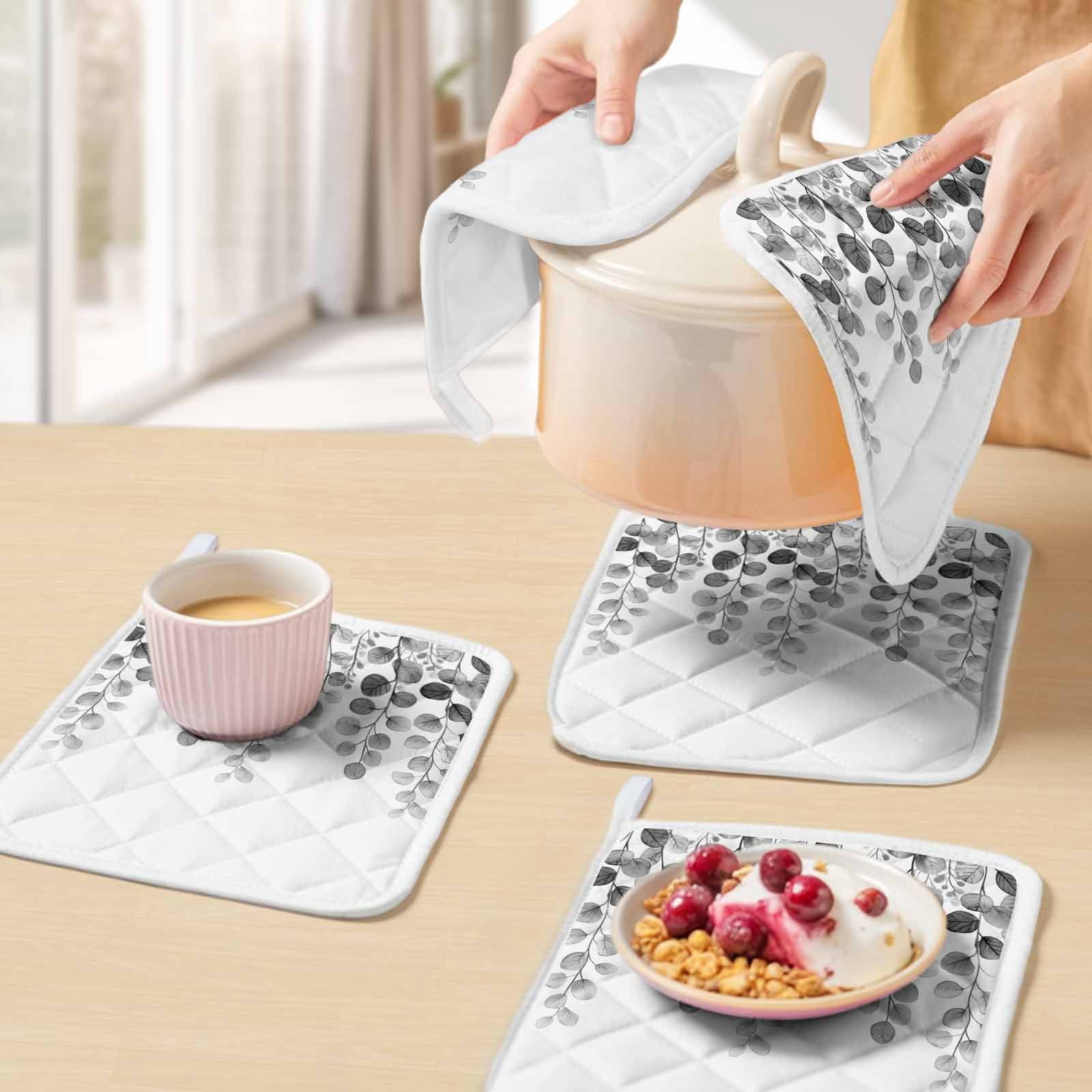 Gray Eucalyptus Leaves Pot Holders for Kitchen Heatproof Potholder, 5 Pack Watercolor Floral Leaf Plants Hot Pads Multipurpose Oven Pads Cloth Potholders Trivet for Cooking Baking