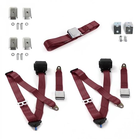 safeTboy  Burgandy Retractable Bench Seat Belt Kit with Bracketry for 1928-1932 Early Cars Airplane 3 Point - 3 Belts