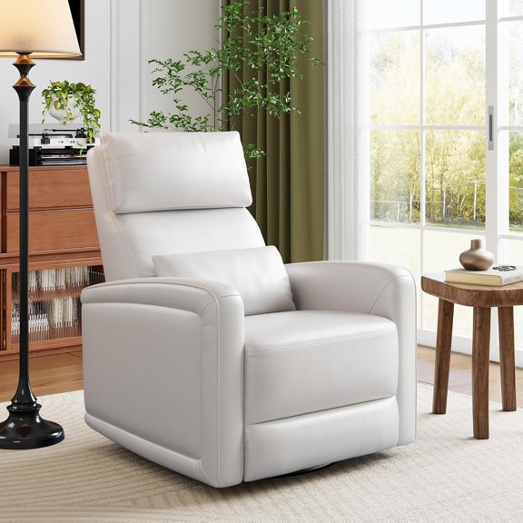 Manual Reclinder, 360° Swivel Rocking Glider Reclinder Chair, Soft Faux Leather Upholstered Sofa Chair with Ergonomic Backrest for Adults for Nursery, Living Room, White