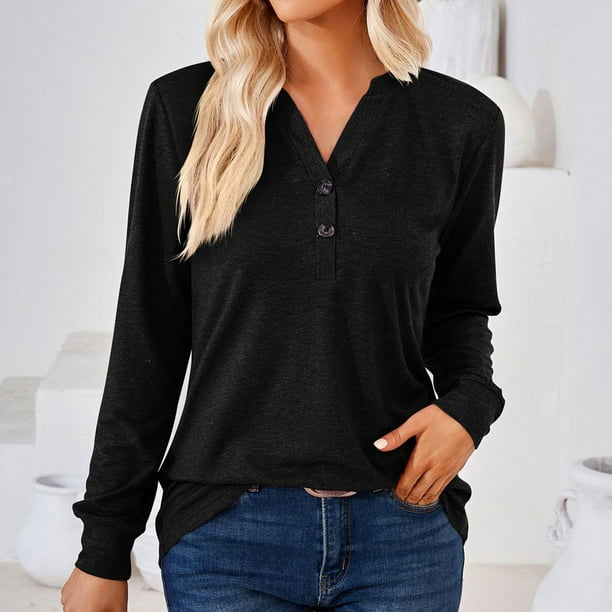 Iroinnid On Sale Women's Long Sleeve V-Neck Shirts Cotton Shirts For Women Comfortable Solid V-Neck Long Sleeve Loose T-Shirt Top,black Black Xl