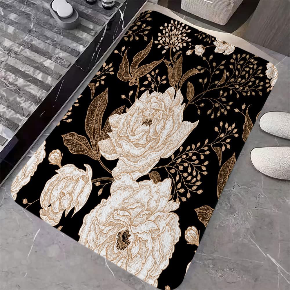 Black and Gold Bathroom Rugs, Dark Roses Leaves Botanical Aesthetic Boho Floral Bath Mat, Vintage Rose Gold Flowers Unique Chic Outdoor Rug, Soft Non Slip Floor Rugs for Living Room Doormat, 17x29