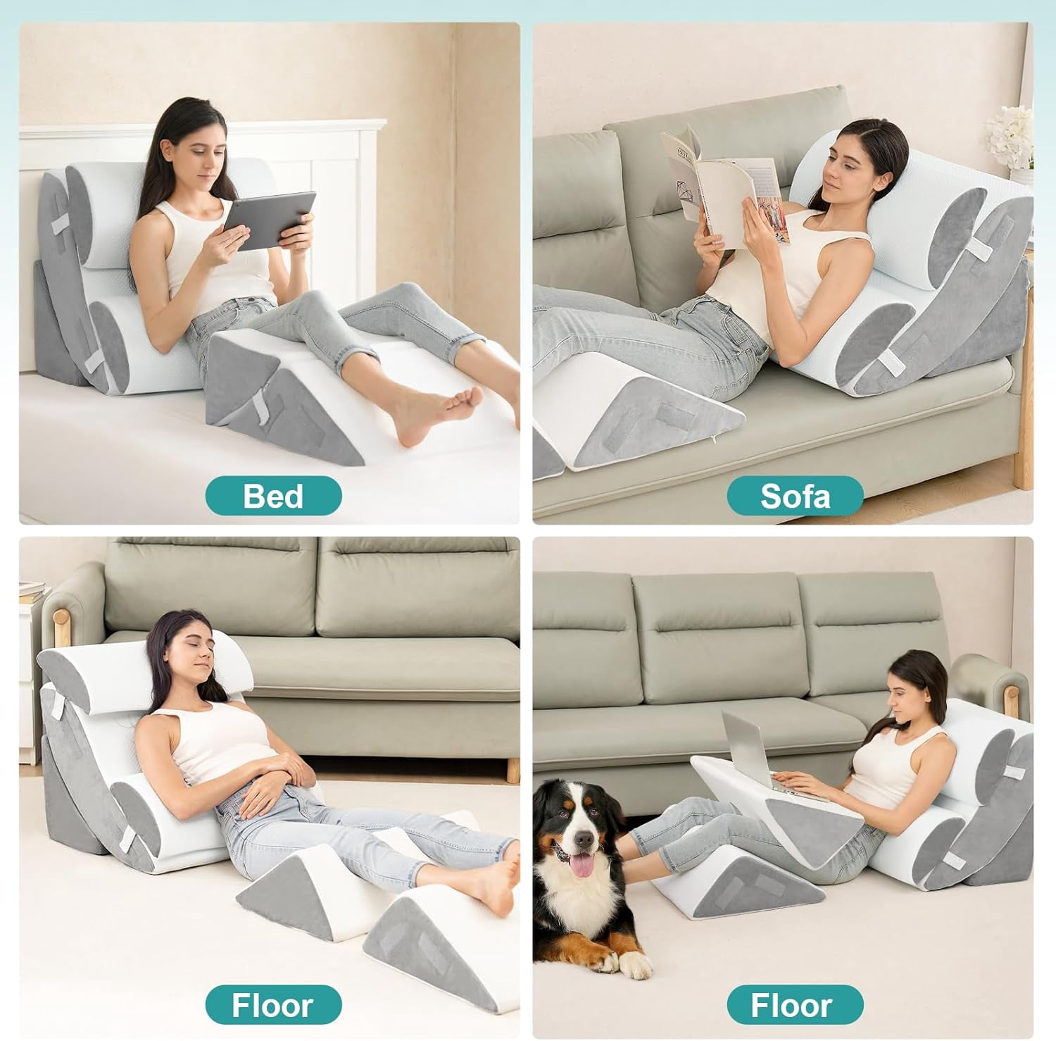 6PCS Orthopedic Bed Wedge Pillow for Sleeping, Adjustable Post Surgery Pillow Set for Body, Back and Leg Pain Relief, Memory Foam Support Pillows for After Surgery, White