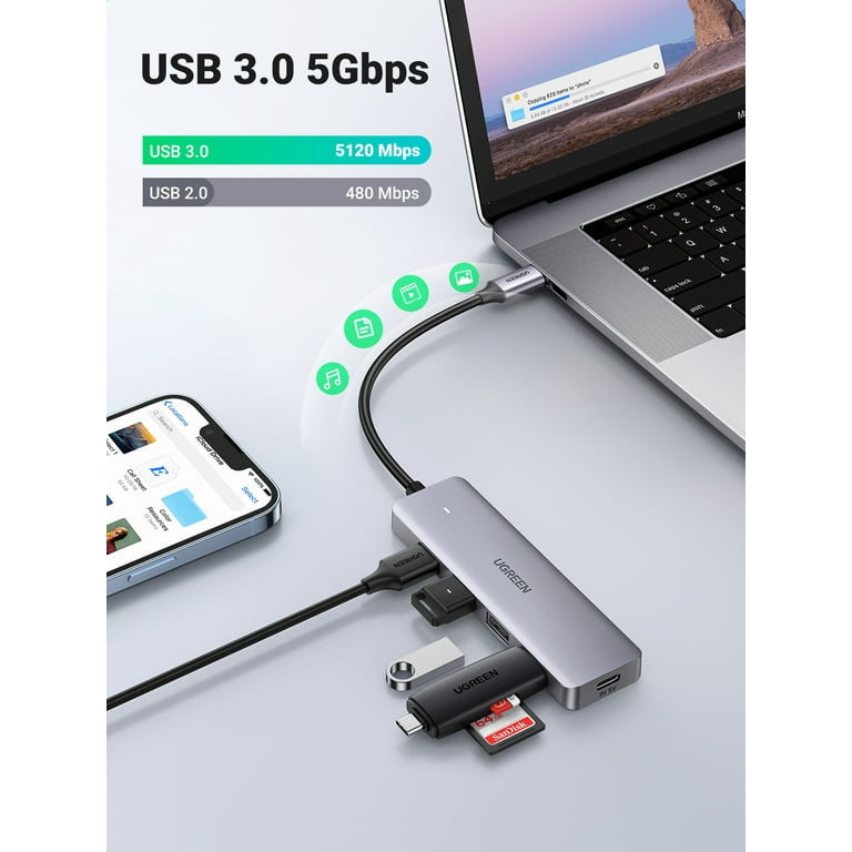 UGREEN 5-in-1 USB C Hub, with 4 USB 3.0 Ports, Aluminum Alloy Shell, 0.5 ft  Cable 