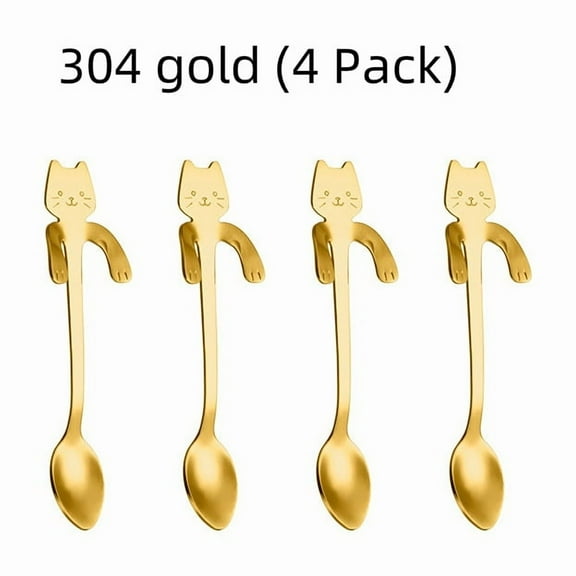 2/4PCS Set 304 Stainless Steel Cat Spoon Creative Cartoon Hanging Edge Spoon Cute Coffee Spoon Gold-plated Stirring Spoon