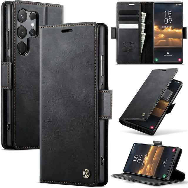 Wallet Case for Samsung Galaxy S23 Ultra Leather Wallet Flip Cover with Card Holder, Kickstand, Magnetic Closure, RFID Blocking TPU Shockproof Phone Case Compatible with S23 Ultra