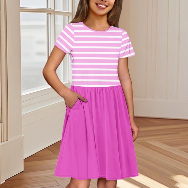 LOVZFMLL Girls' Summer Flower Print Short Sleeve Ruffled Pockets Round-Neck Printed Dress For Kids