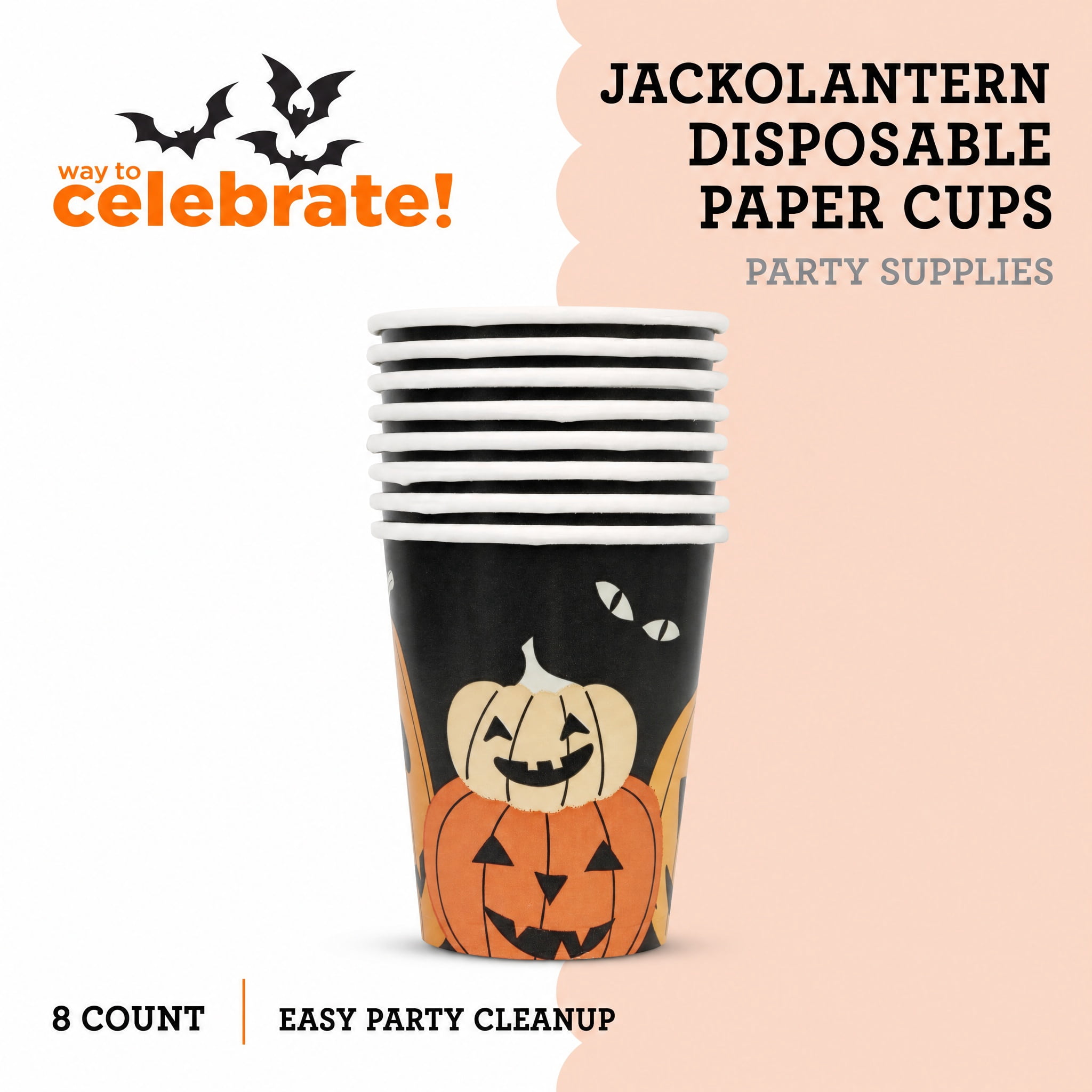 Jack-o'-Lantern Disposable Paper Cups, Multicolor, 9 oz, 8 Count, Halloween by Way To Celebrate