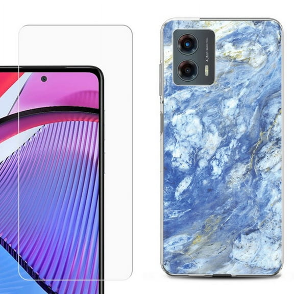 OneToughShield ® Compatible with Motorola Moto G 5G 2023, Shockproof Phone Case, with Tempered Glass Screen Protector - Marble / Gem Blue