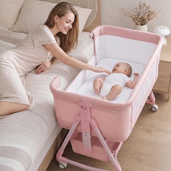 suihuooo 3 in 1 Baby Bassinet 6 Height Adjustable with Mattress and Breathable Mesh for Infants,Pink