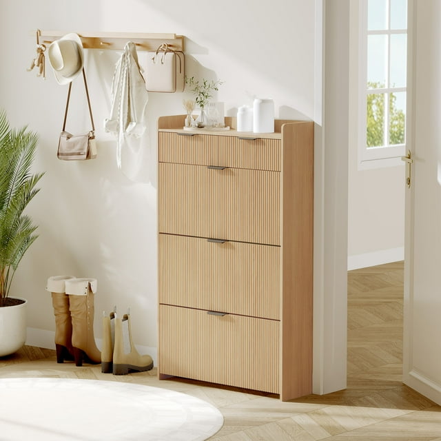 GloryStar Armoire à Chaussures en Bois 31.5 Pouces, Étagère de Rangement Cachée Mince avec Trois Portes Rabattables et Étagère Réglable pour Couloir