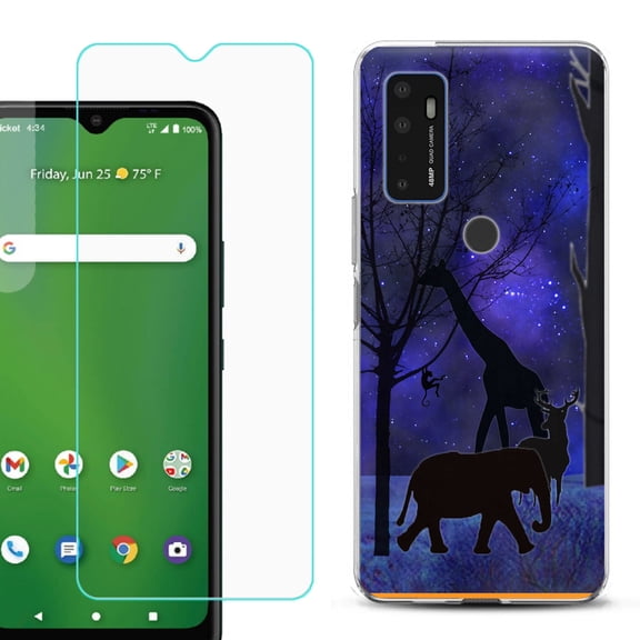 Slim-Fit Gel TPU Phone Case for Cricket Dream 5G, with Tempered Glass Screen Protector, by OneToughShield ® - Midnight Safari