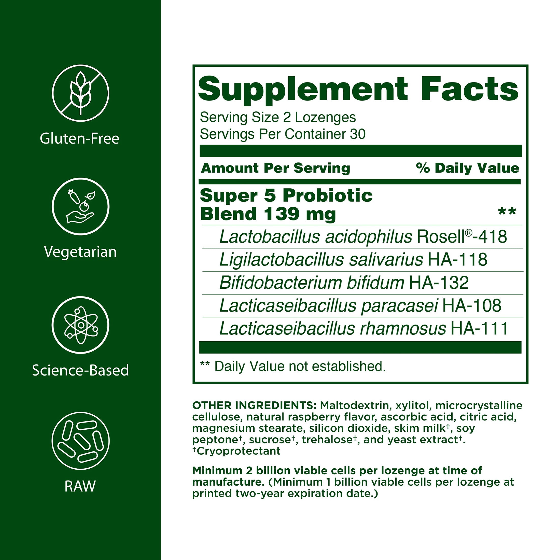 Flora - Super 5 Lozenge Probiotic, Raspberry Flavored Oral Probiotic, Good for Bad Breath, Five Strains with 2 Billion CFU, Regain and Retain Gut Health, RAW, 60 Lozenges