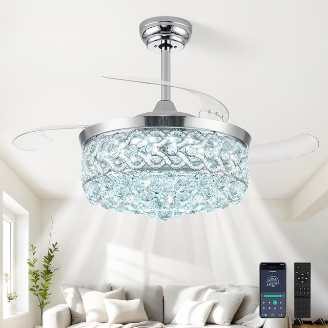 ventilador de techo txcsly, 42 pulgadas, cristal led regulable con aspas retráctiles: vista frontal cenital del ventilador TXCSLY de 42" con cuerpo cromado, cúpula de cristales facetados y aspas transparentes retraídas; luz LED regulable con 3 temperaturas de color, motor CC silencioso, control remoto y app visibles; ideal para dormitorios y salas, y a menudo usado como lámpara decorativa tipo araña.